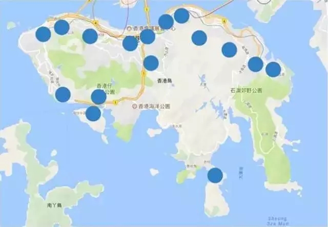 香港岛公共图书馆分布图——距岛两端相距14公里,共有14座图书馆.